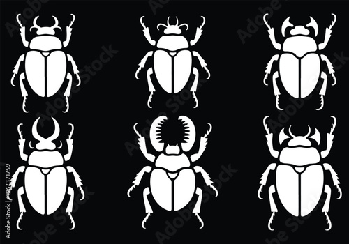Collection of Silhouettes of Six Different Beetles on Black Background Detailed Insect Forms Graphic Design Vector Art