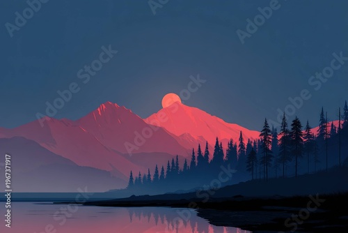 minimalist vector mountain landscape at sunrise