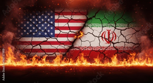 USA and Iran flags on cracked earth with flames, symbolizing conflict