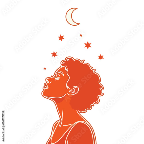 Illustration of a woman looking up at the moon and stars, representing dreams and aspirations