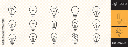 A collection of various line art lightbulb icons in differing styles and shapes are displayed on a patterned background high quality professional detailed