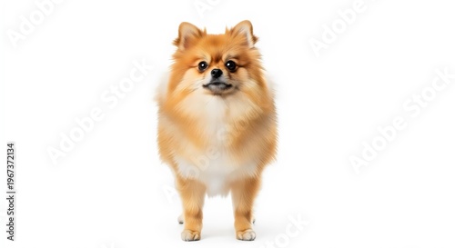 Rare fluffy Pomeranian dog breed portrait featuring upright posture and groomed fur captured in premium isolated studio shot on white background