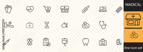 A collection of thin line icons representing various medical and healthcare related themes including hospitals pharmacies and treatments high quality professional detailed modern