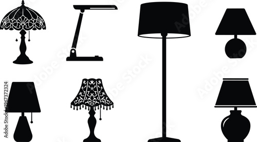 Black silhouette icons of various interior and decorative household table lamps