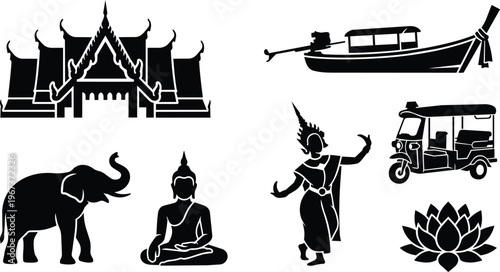 Assorted black silhouette icons representing iconic symbols of Thailand tourism