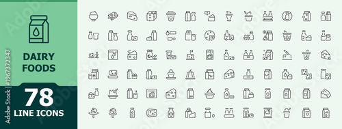 Dairy Foods icon set. Minimalist icons pack. Includes thin line symbols food, dairy farm, milk products, dairy foods. Vector illustration in modern line style. Beverage icon collection.
