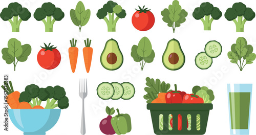Fresh organic vegetables collection vector illustration featuring broccoli spinach tomato carrot avocado cucumber salad bowl and healthy green juice elements