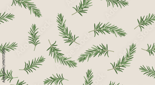 Fresh rosemary sprigs and green herb leaves arranged in a seamless repeating pattern over a light beige background for design.