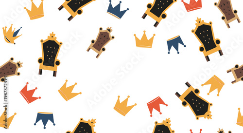 Playful seamless pattern featuring a variety of royal golden thrones and colorful crowns scattered randomly across a clean white background.