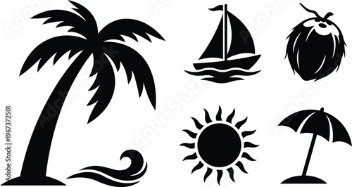 Collection of black silhouette icons representing tropical summer beach vacation