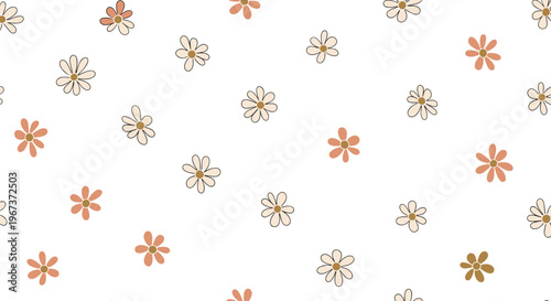 Earthy-toned seamless floral pattern featuring simple daisy blossoms in white, peach, and brown scattered on a plain white background.
