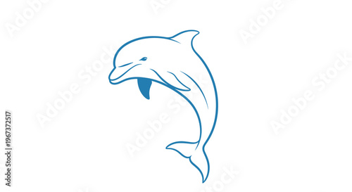 Minimalist blue line art illustration of a dolphin leaping gracefully through the air depicted on a plain white background.