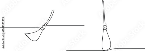 Continuous line art drawing of a broom in sweeping and standing positions for home cleaning Vector