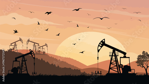 Oil pump jacks in silhouette at sunset with birds flying overhead in a serene landscape