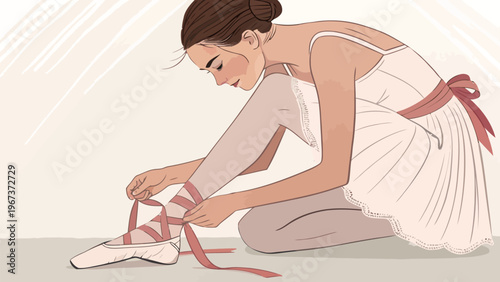 Young ballet dancer tying pointe shoes close up preparing for performance in white dress