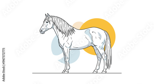 Sketch style illustration of a majestic white horse standing gracefully against a minimalist background with soft colored circular shapes.