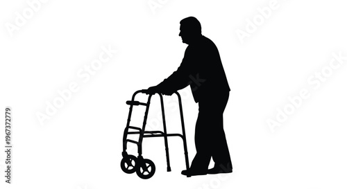 Elderly man using a walker depicted as a dark silhouette