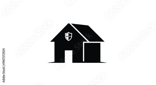 Simple black house icon with shield emblem a stark silhouette