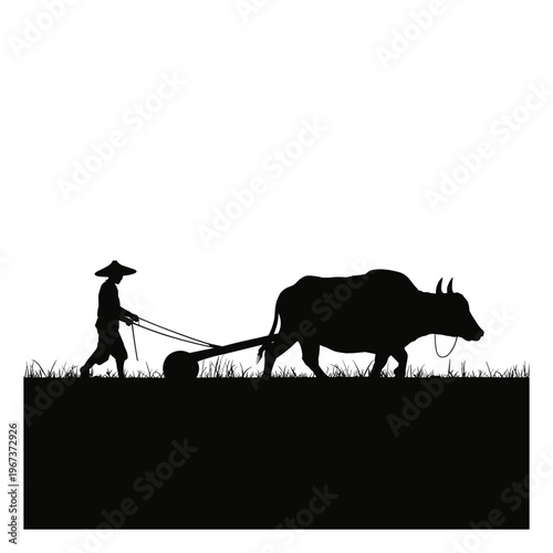 A farmer leading a water buffalo through a field black silhouette