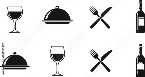 Set of black and white icons representing food and drink items on a white background collection