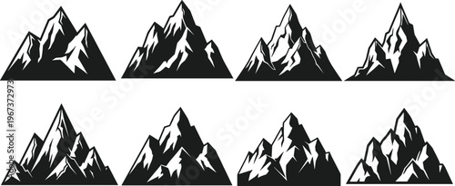 Set of Stylized Black and White Mountain Peaks Icons mountains summit
