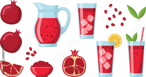 Fresh pomegranate juice set with fruits slices seeds and drinks healthy vector illustration isolated on white background