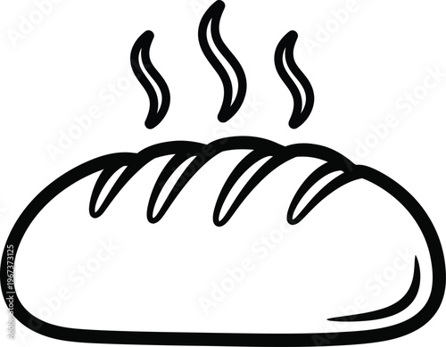 Fresh hot bread loaf with steam outline vector icon for bakery design