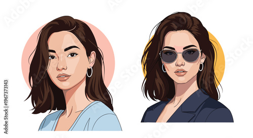 Two stylish portraits of the same woman one with sunglasses and a dark jacket the other with earrings and a blue top for fashion design.