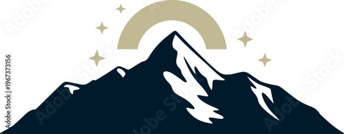 Mountain silhouette icon with golden halo arch and stars flat vector illustration isolated on white