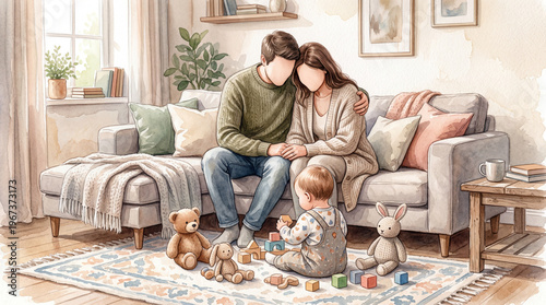 Watercolor family illustration of parents and baby in living room, cozy home interior with faceless characters, soft pastel lifestyle art