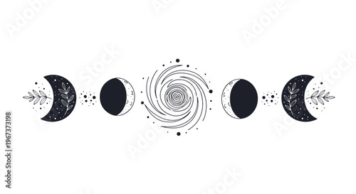 Mystical celestial illustration featuring the phases of the moon arranged around a central spiral sun or galaxy with leaves and stars.