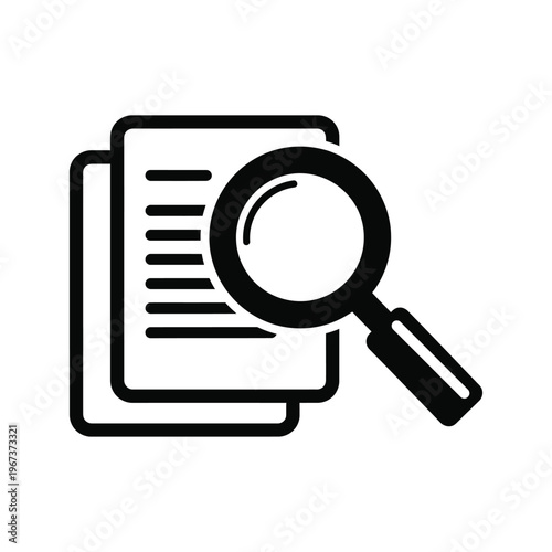 Document search and audit with magnifying glass icon on stack of papers