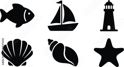 Marine and nautical icons set featuring fish sailboat lighthouse and sea shells