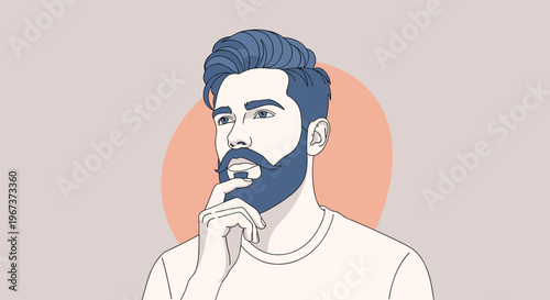 Portrait of a bearded man with blue hair looking thoughtful while resting his chin on his hand against a peach colored circular background.