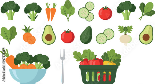 Fresh vegetables collection with broccoli carrot avocado tomato cucumber and salad vector illustration isolated on white background