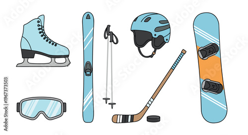 Assorted winter sports equipment including ice skates skis poles a helmet hockey stick puck goggles and a colorful snowboard.