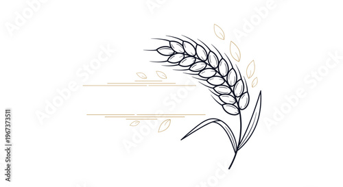 Delicate hand drawn illustration of a wheat stalk with grains and floating leaves for organic farming or healthy bakery branding.