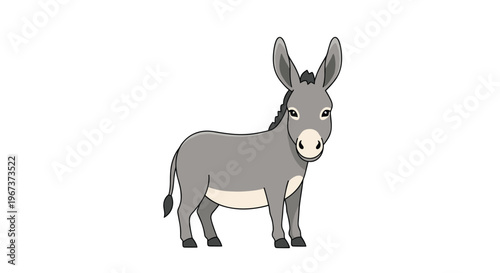 Front view illustration of a friendly grey donkey with large ears and a white muzzle standing against a clean white background for farm themes.