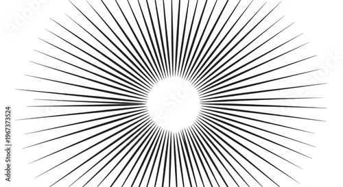 Black and white radial sunburst pattern with thin lines emanating from a central circular void for dramatic graphic effects.