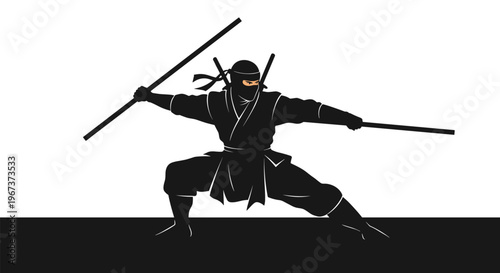 Ninja warrior silhouette in an active combat stance holding a staff against a divided black and white background for martial arts.