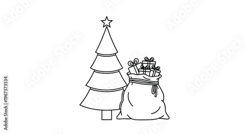 Hand drawn festive Christmas tree featuring a star on top and a large sack filled with gift boxes in a minimalist line art style.