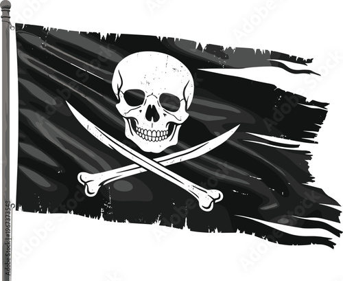 Tattered Black Pirate Flag With Skull And Crossbones On A White Background Jolly Roger