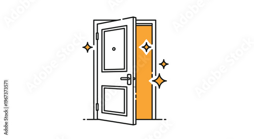 Open white door illustration with bright warm light and golden sparkles emerging from the entrance symbolizing hope and new beginnings.