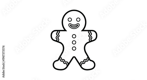 Simple line drawing of a gingerbread man cookie with a happy face and decorative frosting on arms and legs for holiday baking concepts.