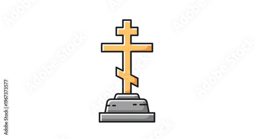 Orthodox Christian cross monument with a golden finish standing on a tiered grey stone base for religious memorial and cemetery icons.