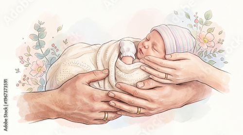 Watercolor newborn baby illustration, parents hands holding sleeping infant in swaddle, soft pastel nursery art for birth announcements