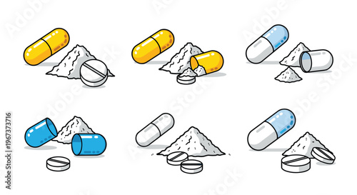 Assortment of medical pills capsules and piles of powder are shown in different colors representing pharmaceutical drugs or supplements.