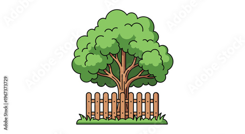 Large lush green deciduous tree stands prominently behind a simple brown wooden picket fence on a patch of grass with a white background.