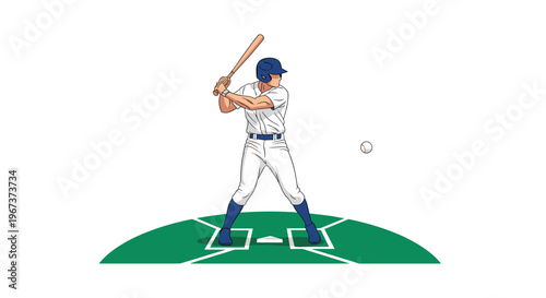 Professional baseball batter stands in position at home plate ready to hit an incoming ball on a green field during a game.