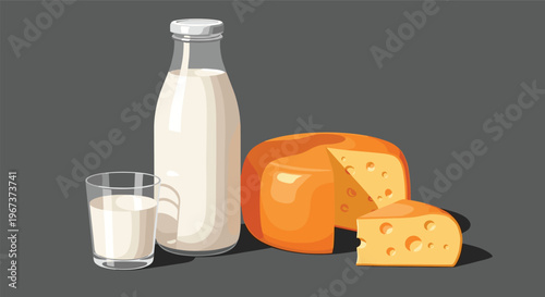 Still life illustration features a glass bottle of milk a full glass and a large wheel of cheese with a cut wedge on a gray surface.